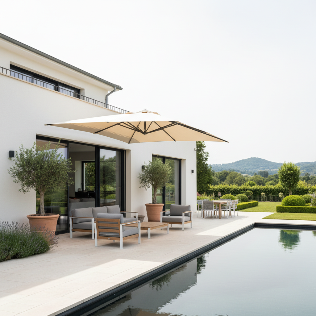 Parasol déporté moderne sur terrasse française contemporaine