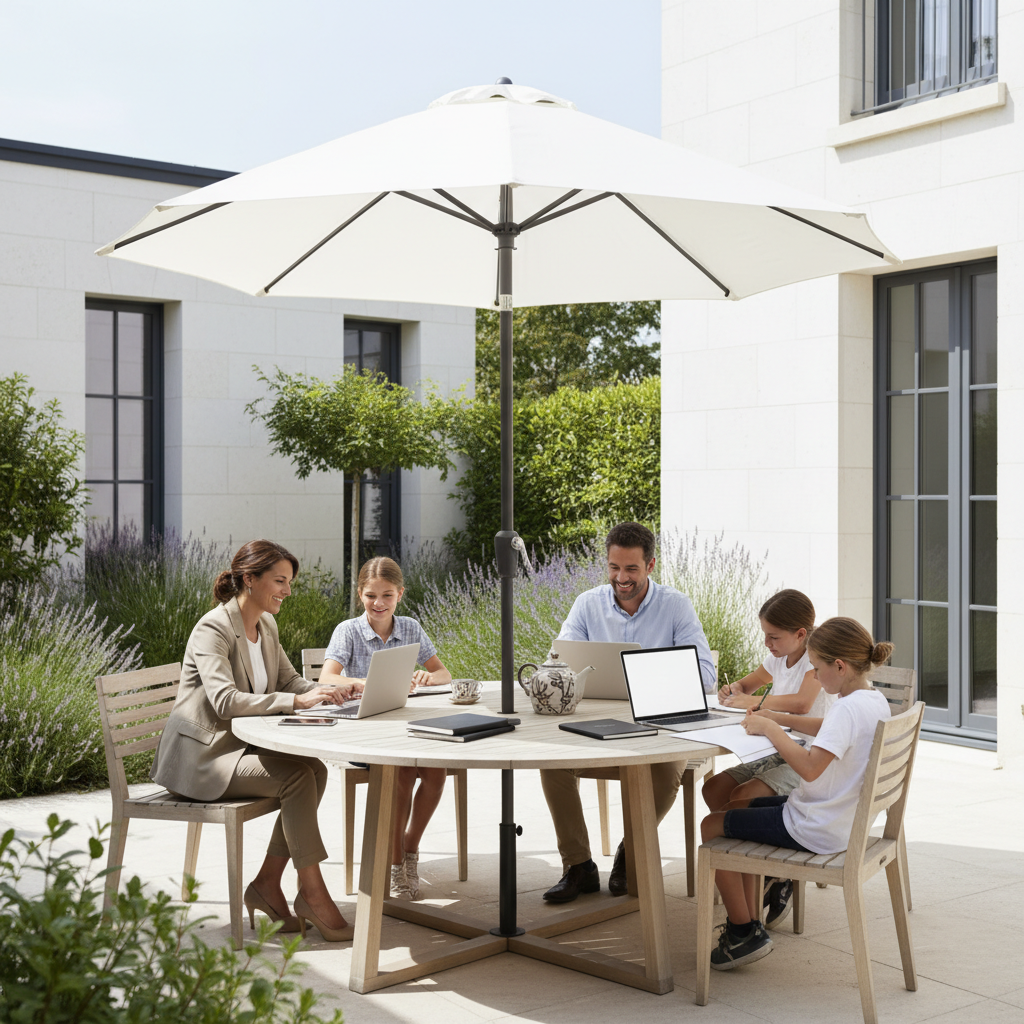 Grand parasol familial dans jardin français avec table extérieure
