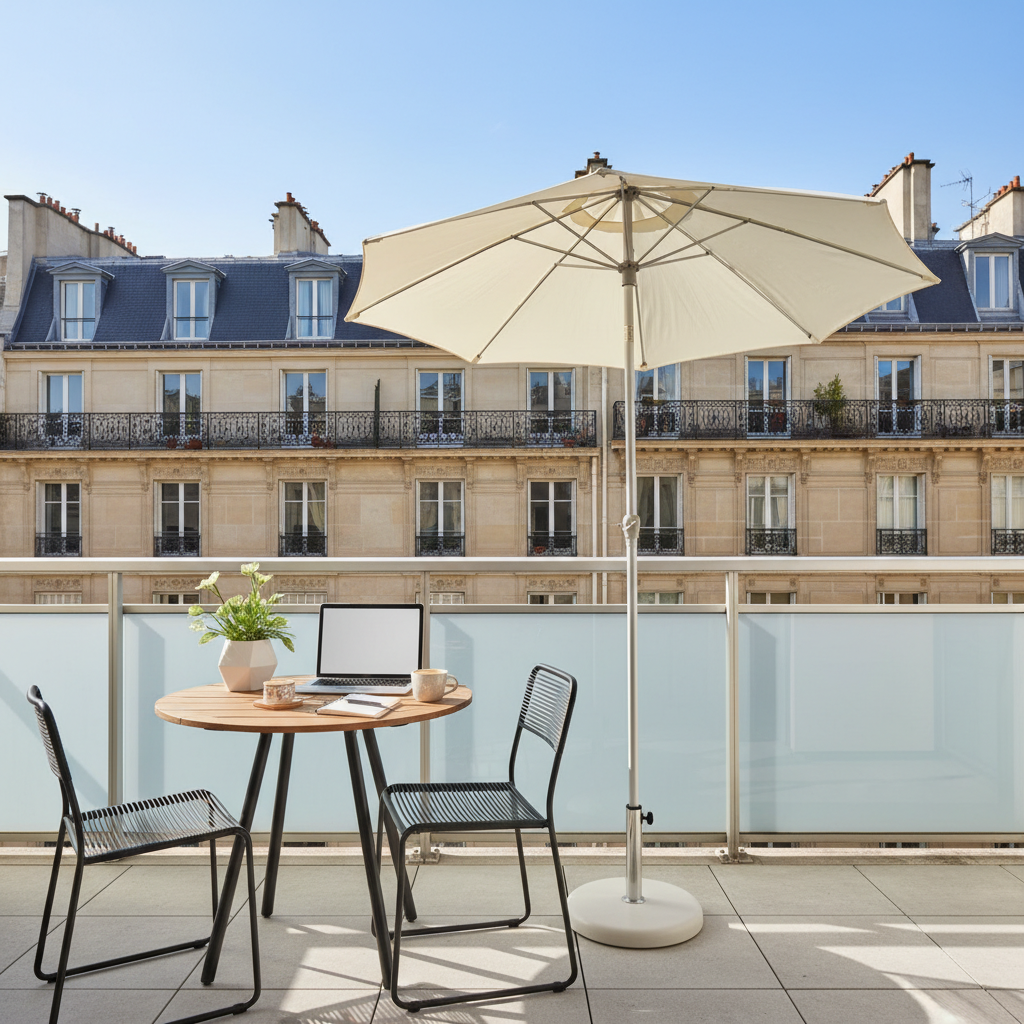 Petit parasol compact sur balcon d'appartement français