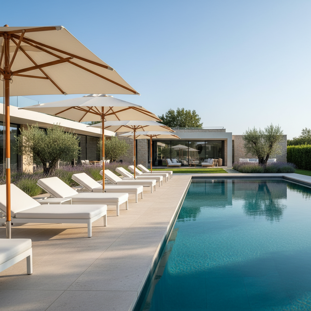 Parasol piscine dans villa française avec système fixation